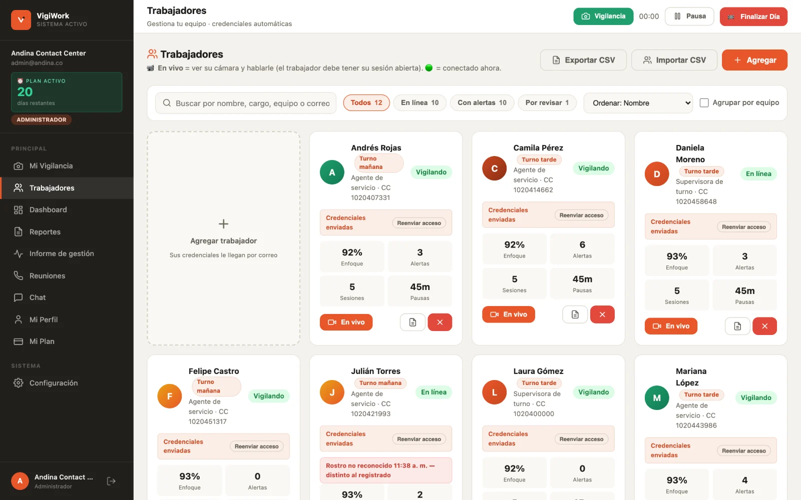VigiWork team dashboard showing the status of each agent